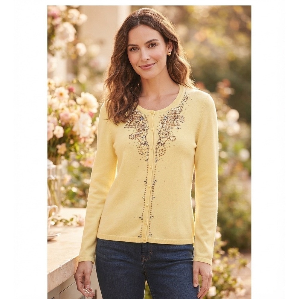 Chadwick's Embellished Cardigan Sweater Womens Yellow Beaded Button Up Classic